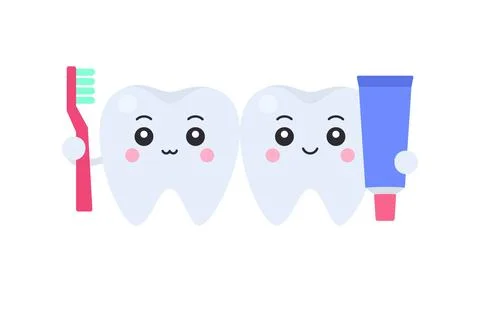 Two cute cartoon tooth characters with red toothbrush and blue toothpaste t.. Illustrazione stock