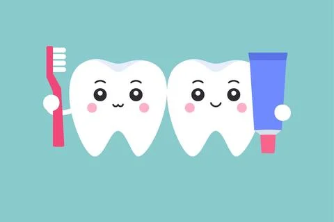 Two cute cartoon tooth characters with pink toothbrush and blue toothpaste .. Illustrazione stock