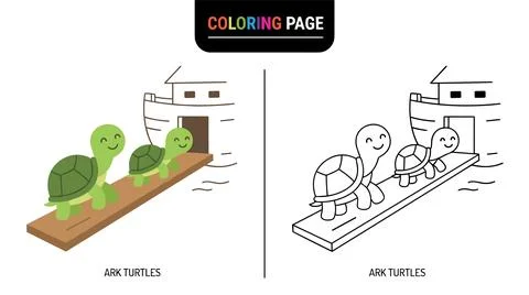 Two cute cartoon turtles walk up a ramp onto a boat. Includes a colored and a Ilustración de archivo