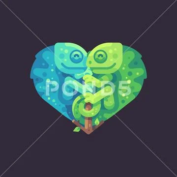 Two cute chameleons on a branch in the shape of a heart. Valentine's Day flat Stock Illustration