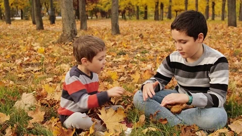 Two cute children in the park. Smiling boy talking to interracial friend. Vídeos de archivo 231090356