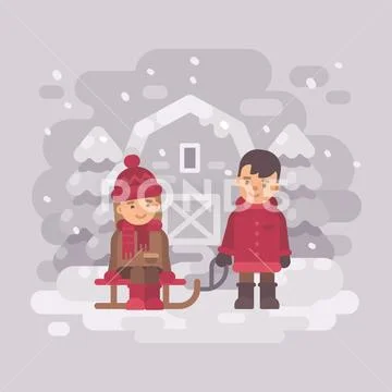 Two cute children riding a sled in the countryside. Christmas flat illustrati Stock Illustration
