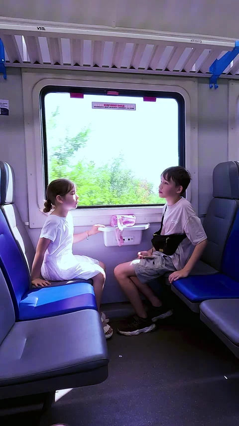 Two cute children sitting opposite each other by the window inside a passenger Stock Footage 338397532
