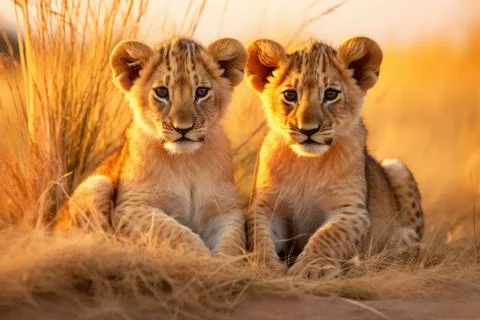 Two cute cubs seen sitting in field Photos
