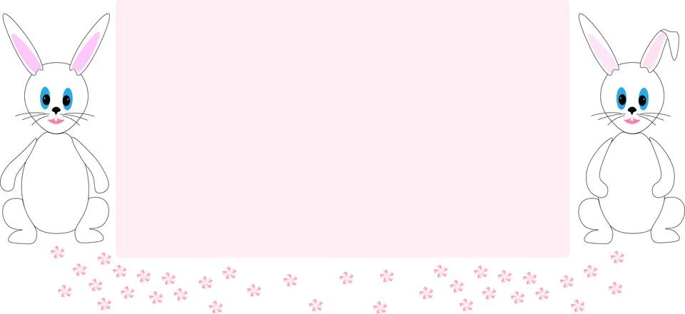 Two cute Easter bunnies with blue eyes and pink ears are sitting near the p.. Illustrazione stock