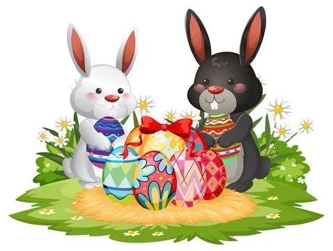 Two Cute Easter Bunnies Holding Decorated Eggs in a Grassy Field Stock Illustration