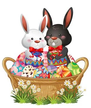 Two Cute Easter Bunnies Sitting in a Wicker Basket with Colorful Eggs イラスト素材