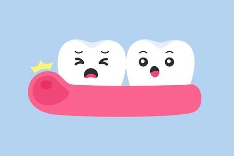 Two cute flat cartoon tooth characters sitting on gum with painful expressi.. Stock Illustration