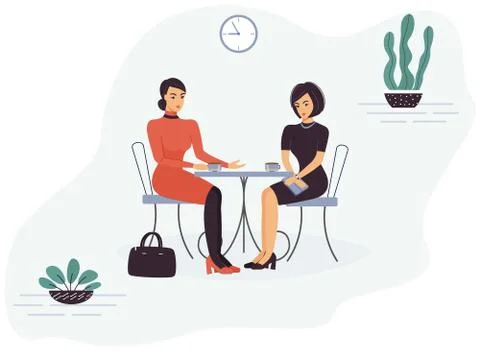 Two cute funny smart beautiful women colleagues are sitting in a cafe Stock Illustration