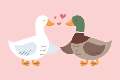 Two cute hand drawn ducks holding each other wings. Cartoon duck and drake Ilustração Stock