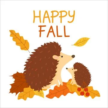 Two cute hedgehogs sitting among autumn leaves in the forest isolated on a .. Stock Illustration