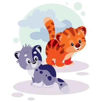 Two cute kittens of red and gray colors, cartoon illustration, isolated objec Stock Illustration