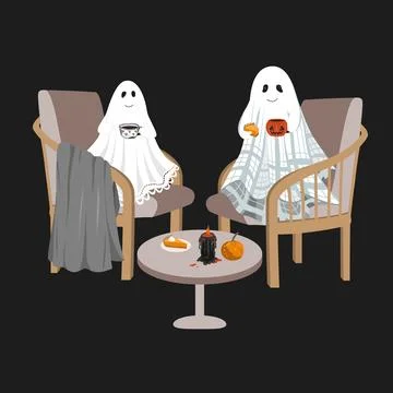Two cute lace-sheet ghosts sitting in a cozy chairs with a hot drink. Hallowe Stock Illustration