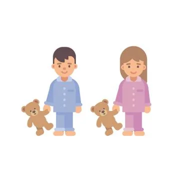 Two cute little kids in pajamas holding teddy bears. Boy and girl flat illust Stock Illustration