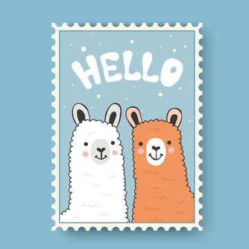 Two cute llamas say hello. Concept of friendship Stock Illustration