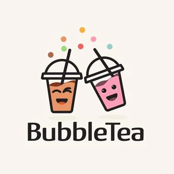 Two cute milk tea bubble cartoon characters vector. Milk tea logo design,temp Stock Illustration