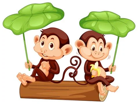 Two cute monkeys on the log with green leaves Stock Illustration