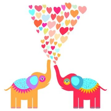 Two cute orange and red elephants with pink lilac blue orange heart on white Stock Illustration