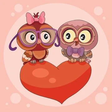 Two cute owls are sitting on a big red heart and declare their love in each Stock Illustration