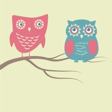 Two cute owls on the tree branch Stock Illustration