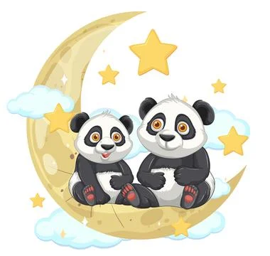 Two Cute Pandas Sitting on Crescent Moon with Stars Stock Illustration