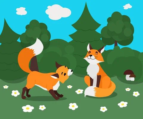 Two cute playing foxes  in summer forest. Vector illustration drawn in cartoo Stock Illustration