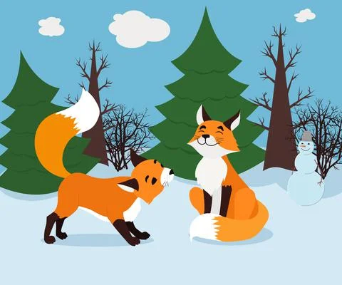 Two cute playing foxes in winter forest. Vector illustration drawn in cartoon Stock Illustration