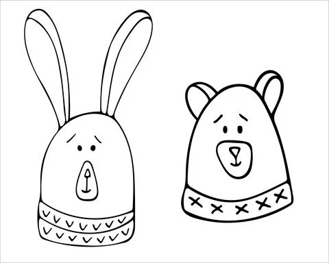 Two Cute rabbit and bear faces doodle illustration. Hand drawn baby vector Stock Illustration