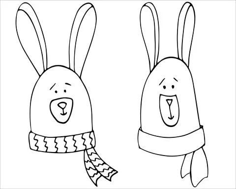 Two Cute rabbits faces doodle illustration. Hand drawn baby vector Stock Illustration
