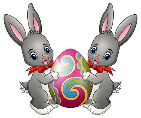 Two cute rabbits holding Easter Egg on a white background Stock Illustration