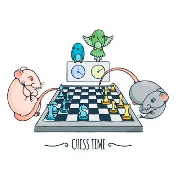 Two cute rats playing chess, parrots watch and switch the time. Stock Illustration