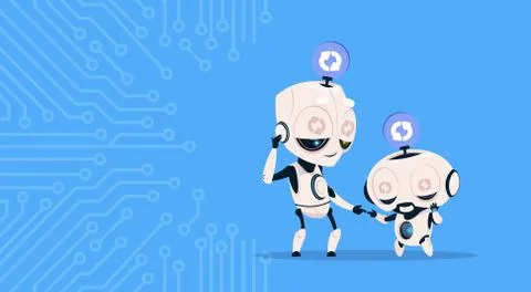 Two Cute Robots Sleeping Updating System Programming Software Over Circuit イラスト素材