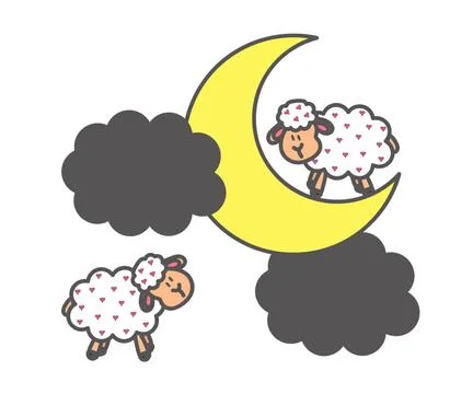 Two cute sheep and the moon. Cartoon. Vector. Stock Illustration