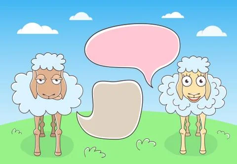 Two Cute Sheep Conversation with Speech Bubbles in doodle style Stock Illustration