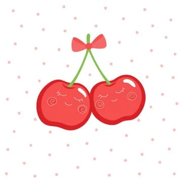 Two cute smiled cherry with red bow. Stock Illustration