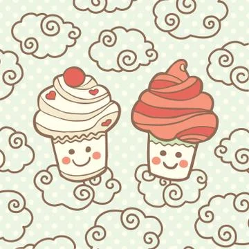 Two cute smiling cupcakes on clouds Stockillustratie