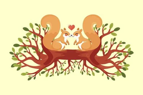 Two cute squirrels in love on a tree branch flat vector illustration Illustrazione stock