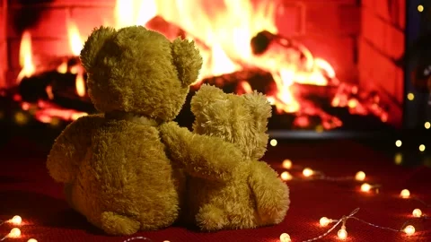 Two cute teddy bears hugging each other sitting on a knitted red plaid against Stock-Footage 168387743