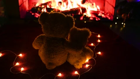 Two cute teddy bears hugging each other sitting on a knitted red plaid against Stock-Footage 168387776
