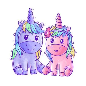 Two cute unicorns are sitting together cartoon vector Stock Illustration