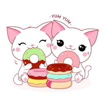 Two cute white cats with donuts. Kawaii little kitty are happy to eat donut Stock Illustration