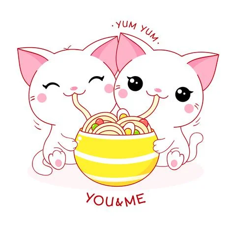 Two cute white cats eat ramen noodles. Kawaii little kitty are happy to eat n Stock Illustration