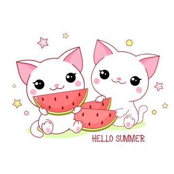 Two cute white cats with watermelon. Inscription Hello summer Stock Illustration