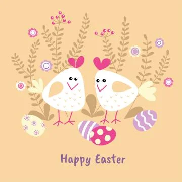Two cute white chicken with painted eggs and sprigs. Stock Illustration