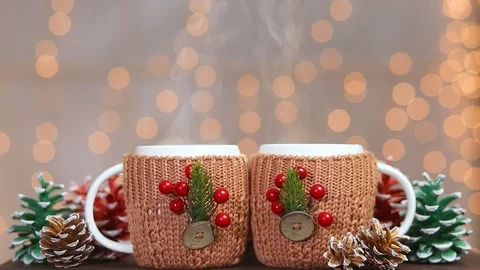 Two cute white mugs decorated with Christmas elements Stock Footage 109938324