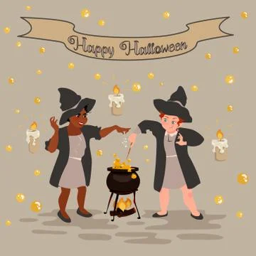 Two cute witches make potion Stock Illustration