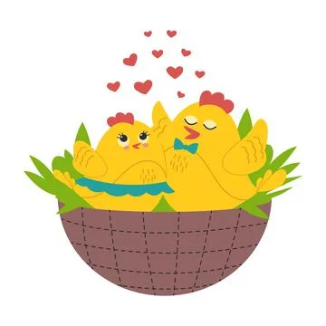 Two cute yellow chicks romantic couple in a basket. Vector illustration Stock Illustration