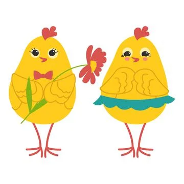 Two cute yellow chicks romantic couple. Vector illustration 스톡 일러스트