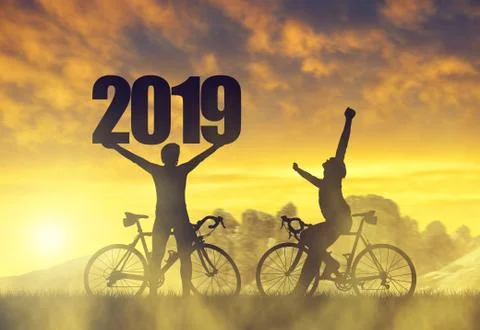 Two cyclist with bicycle at sunset. Stock Photos