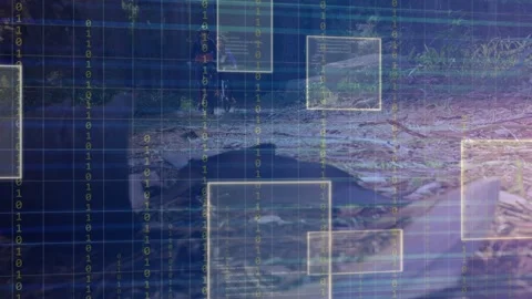 Two cyclists approaching, causing AR grid activation, marking pothole and Stock Footage 333689527